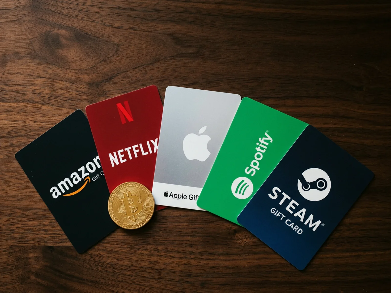 Gift cards and a Bitcoin coin on cream paper