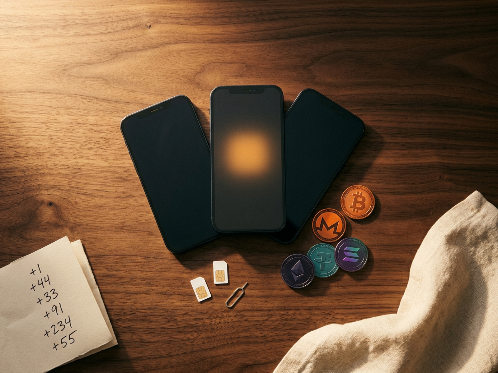 Phones, SIM cards and crypto coins on warm walnut